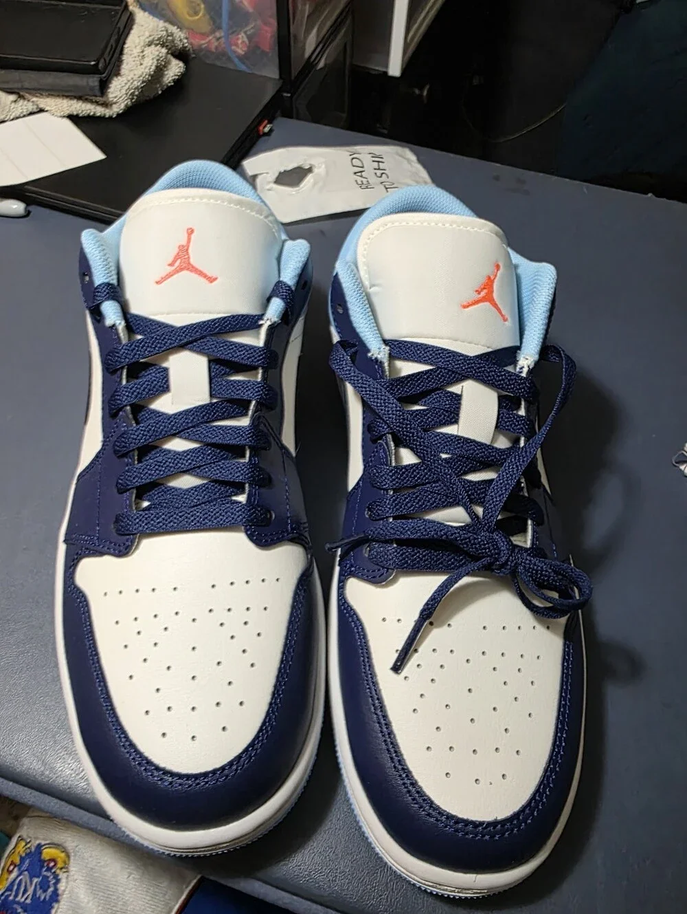 Jordan 1  Men's Low-Top Sneakers in White & Navy with Light Blue Size 10m New.